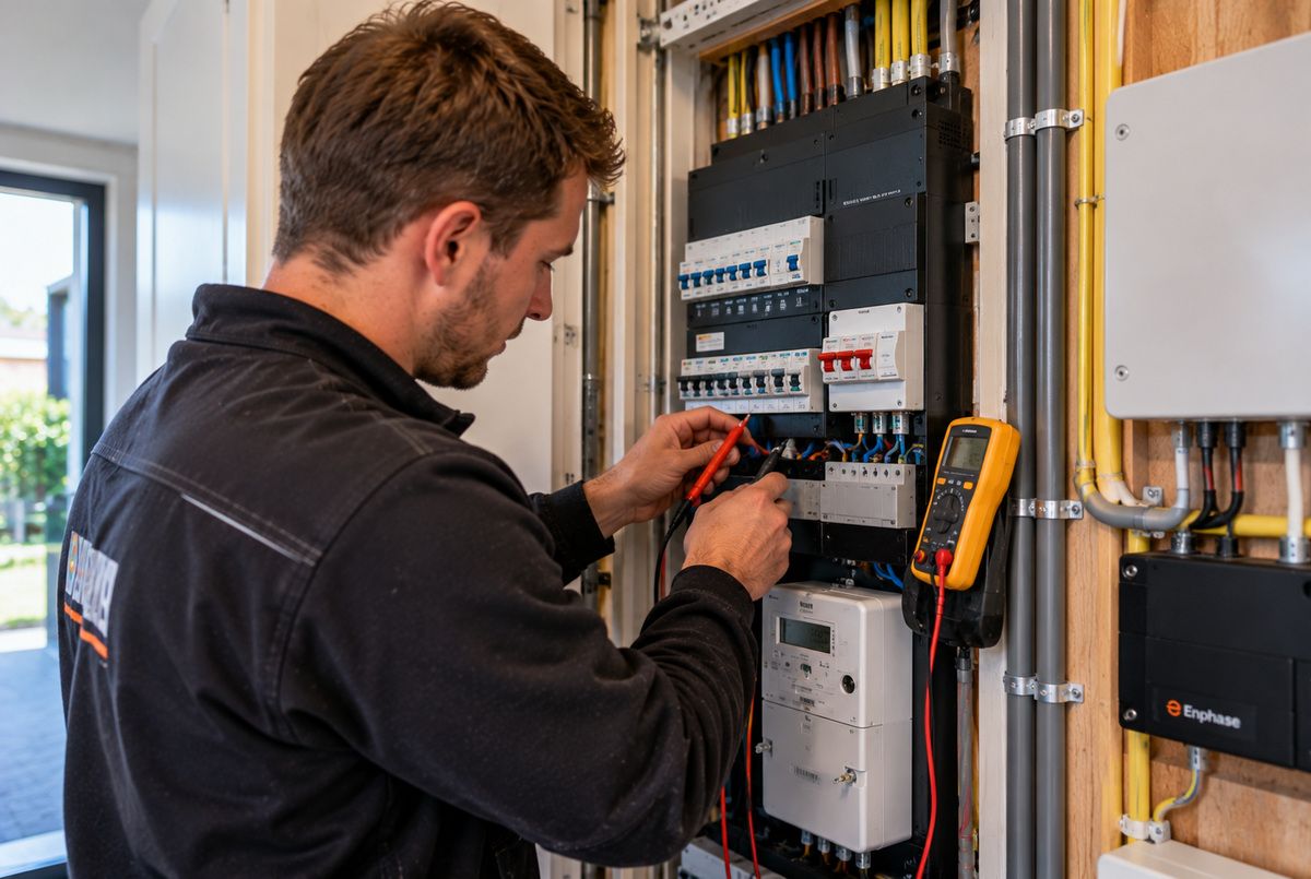 Meterkast controleren voor het aansluiten van zonnepanelen Elektricien controleert met een multimeter de elektrische aansluitingen in de meterkast voor een zonnepaneleninstallatie