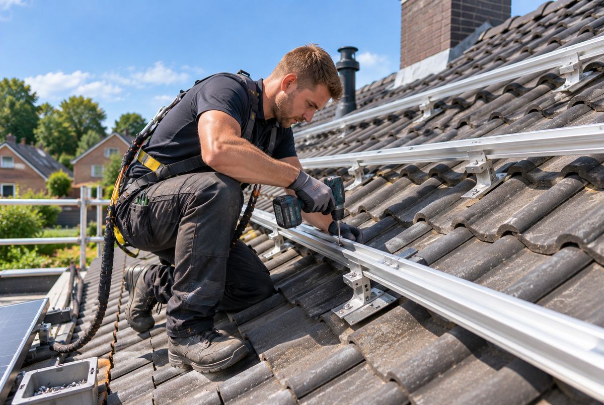 Zonnepaneleninstallateur bevestigt met een accuschroefmachine aluminium montagerails op het schuine pannendak van een Nederlandse woning