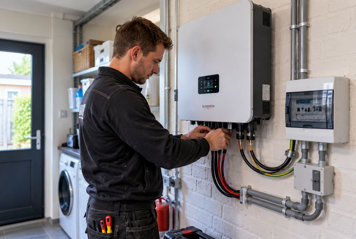 Zonnepaneleninstallateur sluit de elektrische bekabeling aan op een omvormer voor zonnepanelen in de bijkeuken van een Nederlandse woning