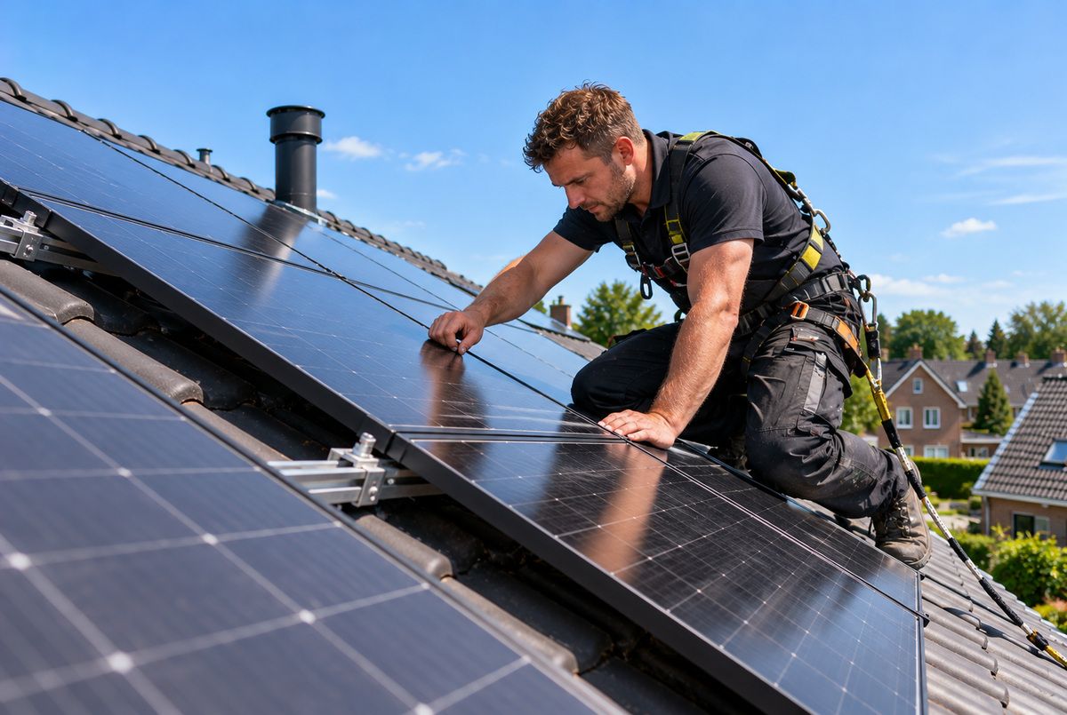 Zonnepaneleninstallateur controleert de bevestiging van zonnepanelen op het schuine pannendak van een Nederlandse woning