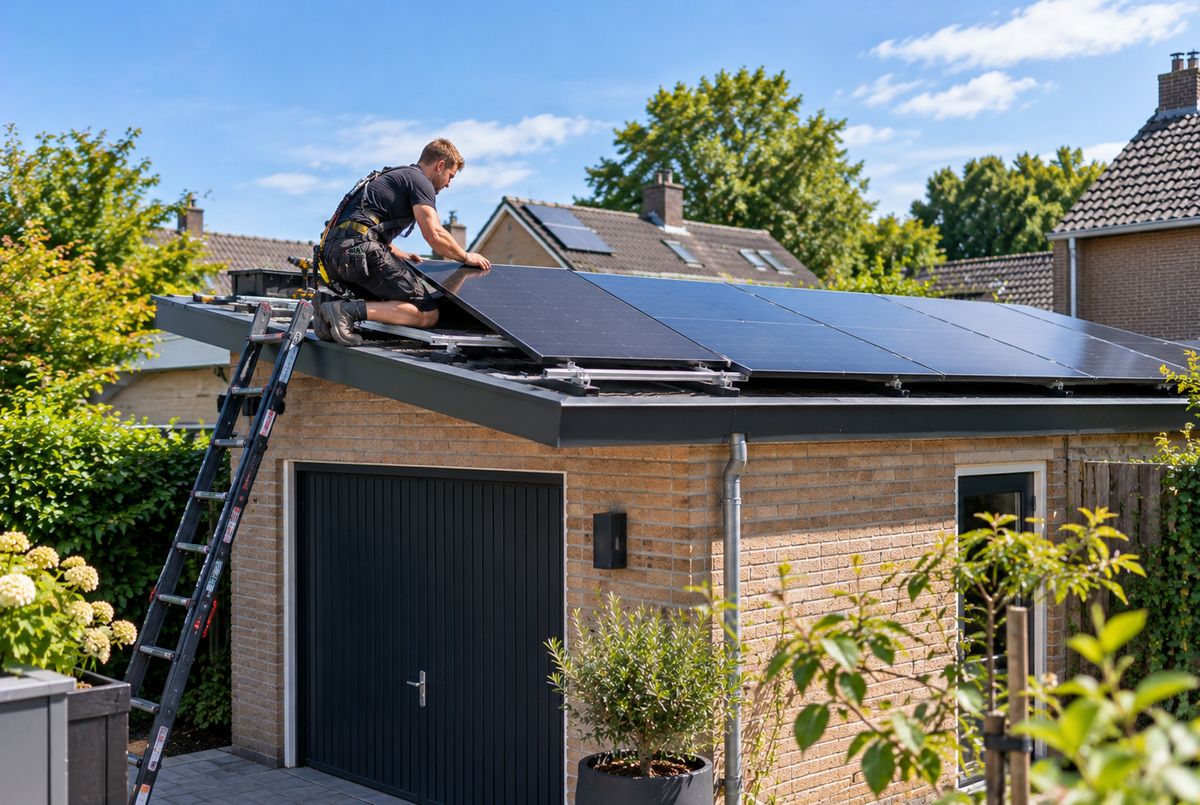 Zonnepanelen installeren op het platte dak van een garage Zonnepaneleninstallateur monteert zwarte zonnepanelen op het platte dak van een vrijstaande garage bij een Nederlandse woning