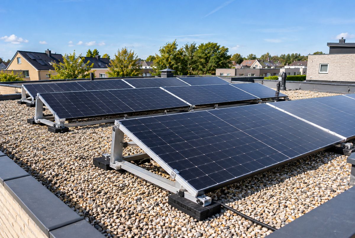 Zonnepanelen op plat dak met ballast en montagesysteem Zonnepanelen op aluminium montagesteunen met ballast op een plat dak met grind bij Nederlandse woningen