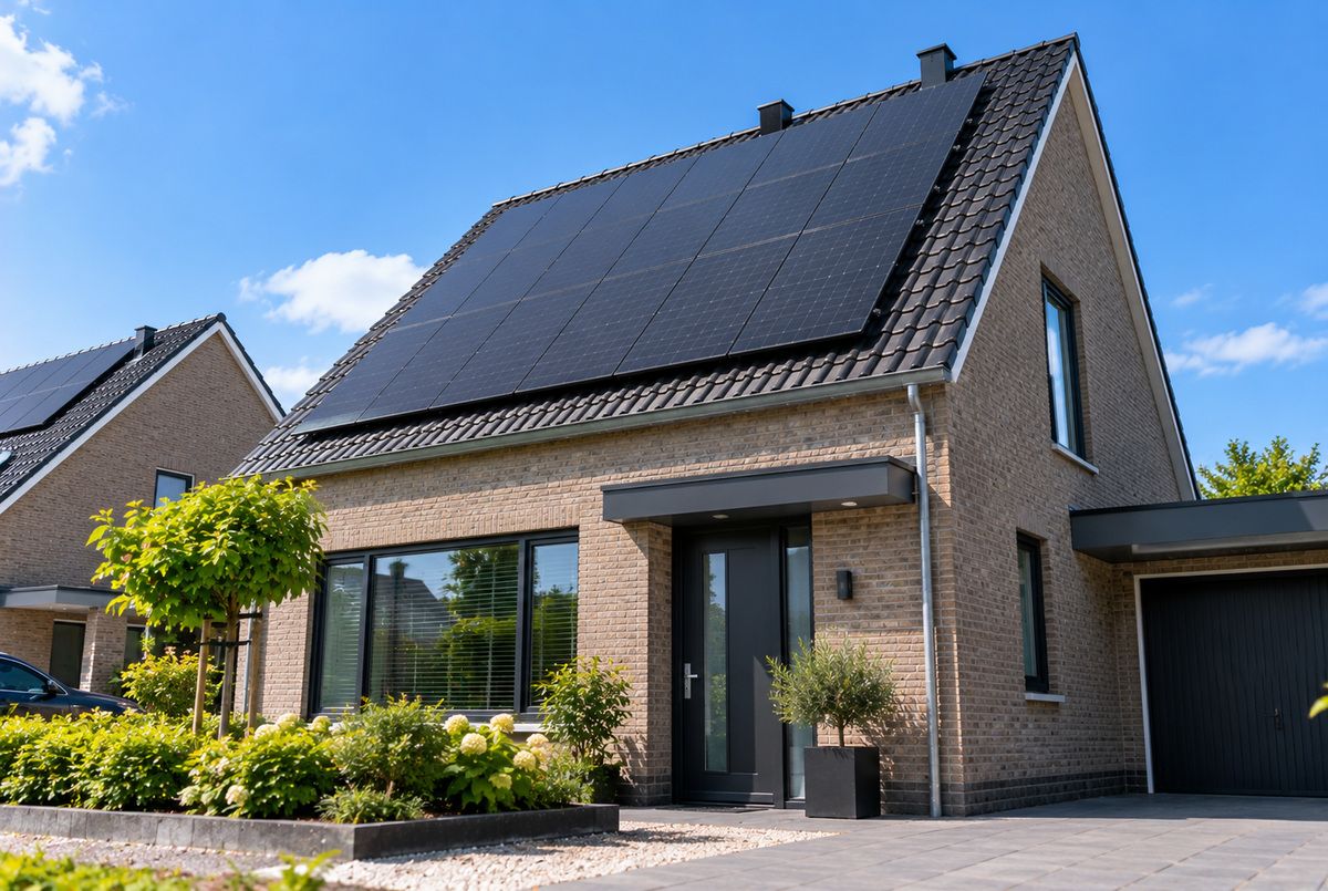 Zonnepanelen op het schuine dak van een vrijstaande woning Zwarte zonnepanelen op het schuine pannendak van een moderne vrijstaande woning met een aangebouwde garage