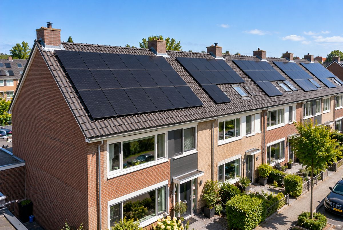 Zwarte zonnepanelen op de schuine pannendaken van een rij Nederlandse eengezinswoningen